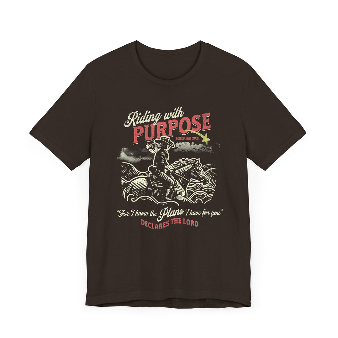 Riding for a Purpose Tee featuring a cowboy graphic, unisex jersey, soft cotton, ribbed collar, and dual side seams for lasting shape.