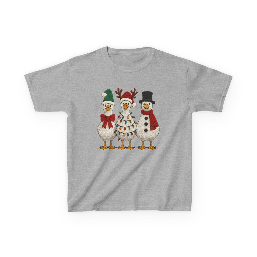 Heather-gray Christmas Geese Kids Tee featuring three festive cartoon ducks in holiday attire: Santa hat, reindeer antlers, and snowman outfit on soft, durable fabric.