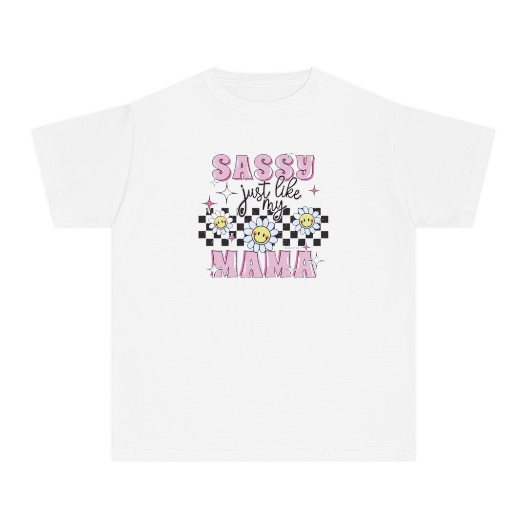 Kid's tee with pink and black text and floral design, Sassy Like My Mama. Made of soft 100% combed ringspun cotton for comfort and agility. Classic fit, perfect for all-day wear. Ideal for active kids.