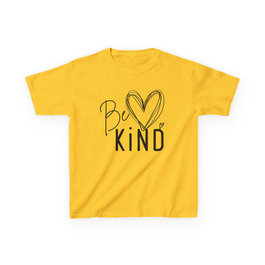 Be Kind Kids Tee featuring “Be Kind” text with heart accents in black, on a yellow background, emphasizing everyday comfort and durability.