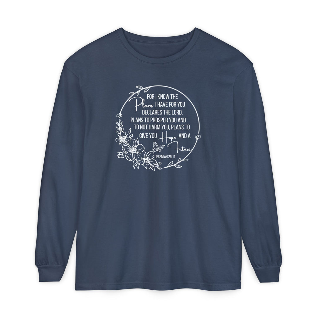 Plans Hope Future Long Sleeve Tee featuring Jeremiah 29:11 in a circular floral wreath design, crafted from soft 100% ring-spun cotton for a comfortable, relaxed fit.