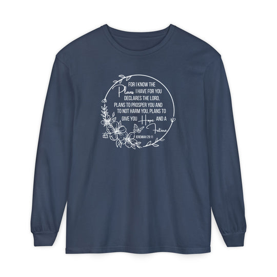 Plans Hope Future Long Sleeve Tee featuring Jeremiah 29:11 in a circular floral wreath design, crafted from soft 100% ring-spun cotton for a comfortable, relaxed fit.