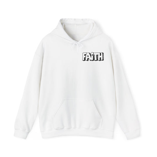 A white hooded sweatshirt with a logo, featuring a kangaroo pocket and drawstring hood. Unisex heavy blend of cotton and polyester for warmth and comfort. Walk By Faith Not By Sight Crew.