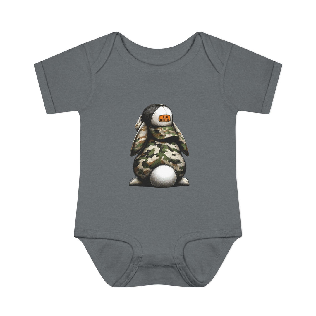 Egg Hunter Onesie featuring a cartoon bunny design on a grey baby bodysuit, made from soft, 100% ring-spun cotton for comfort and ease.