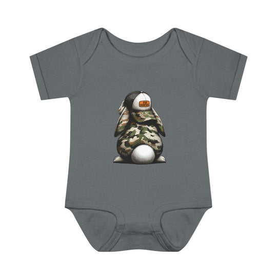 Egg Hunter Onesie featuring a cartoon bunny design on a grey baby bodysuit, made from soft, 100% ring-spun cotton for comfort and ease.