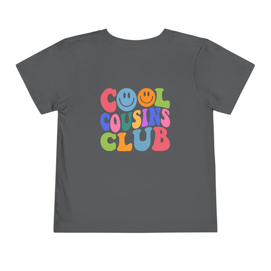 Cool Cousins Club Toddler Tee, a soft, comfortable 100% cotton t-shirt with tear-away label, perfect for everyday wear by toddlers.