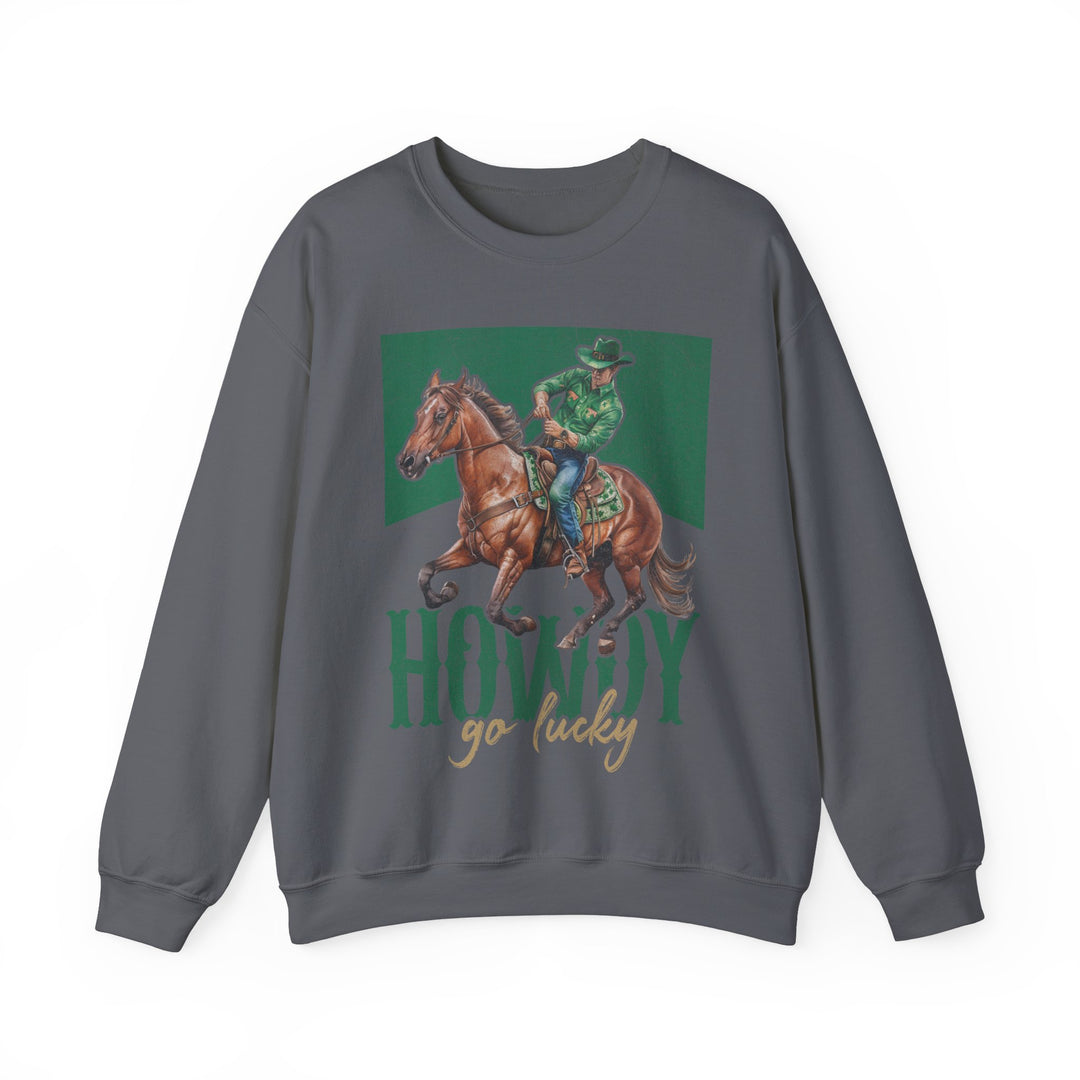 Howdy Go Lucky Crew sweatshirt featuring a graphic of a man riding a horse, offering comfort with a polyester-cotton blend and ribbed collar.