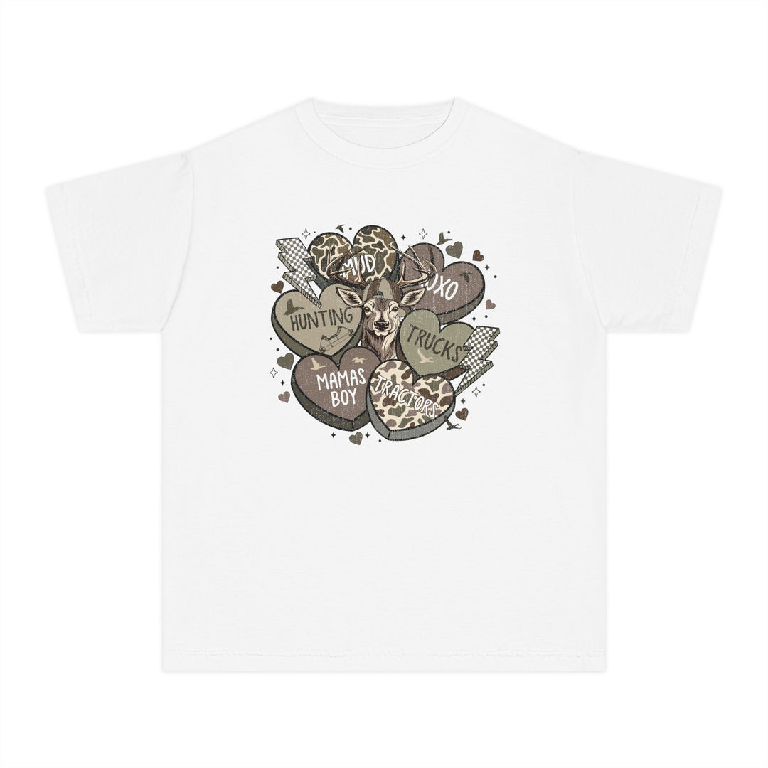 Boy Valentine Kids Tee: White T-shirt featuring a deer head with candy-heart graphics and phrases like MUD and HUNTING, designed for comfort and active wear.