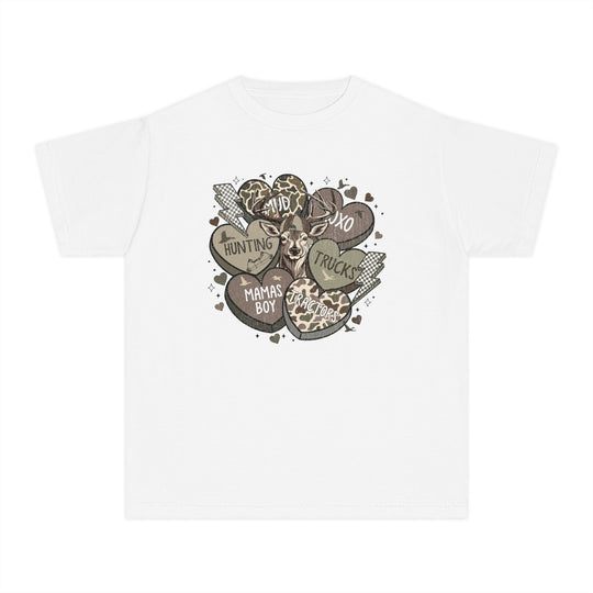 Boy Valentine Kids Tee: White T-shirt featuring a deer head with candy-heart graphics and phrases like MUD and HUNTING, designed for comfort and active wear.