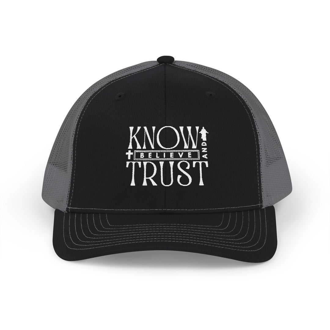 Know and Trust Snapback Trucker Cap (Embroidery) with white text, featuring a structured black and grey design, adjustable snap closure, and breathable mesh back.