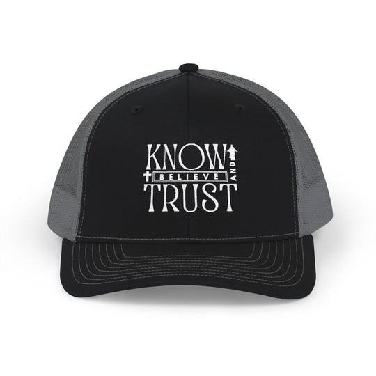Know and Trust Snapback Trucker Cap (Embroidery) with white text, featuring a structured black and grey design, adjustable snap closure, and breathable mesh back.