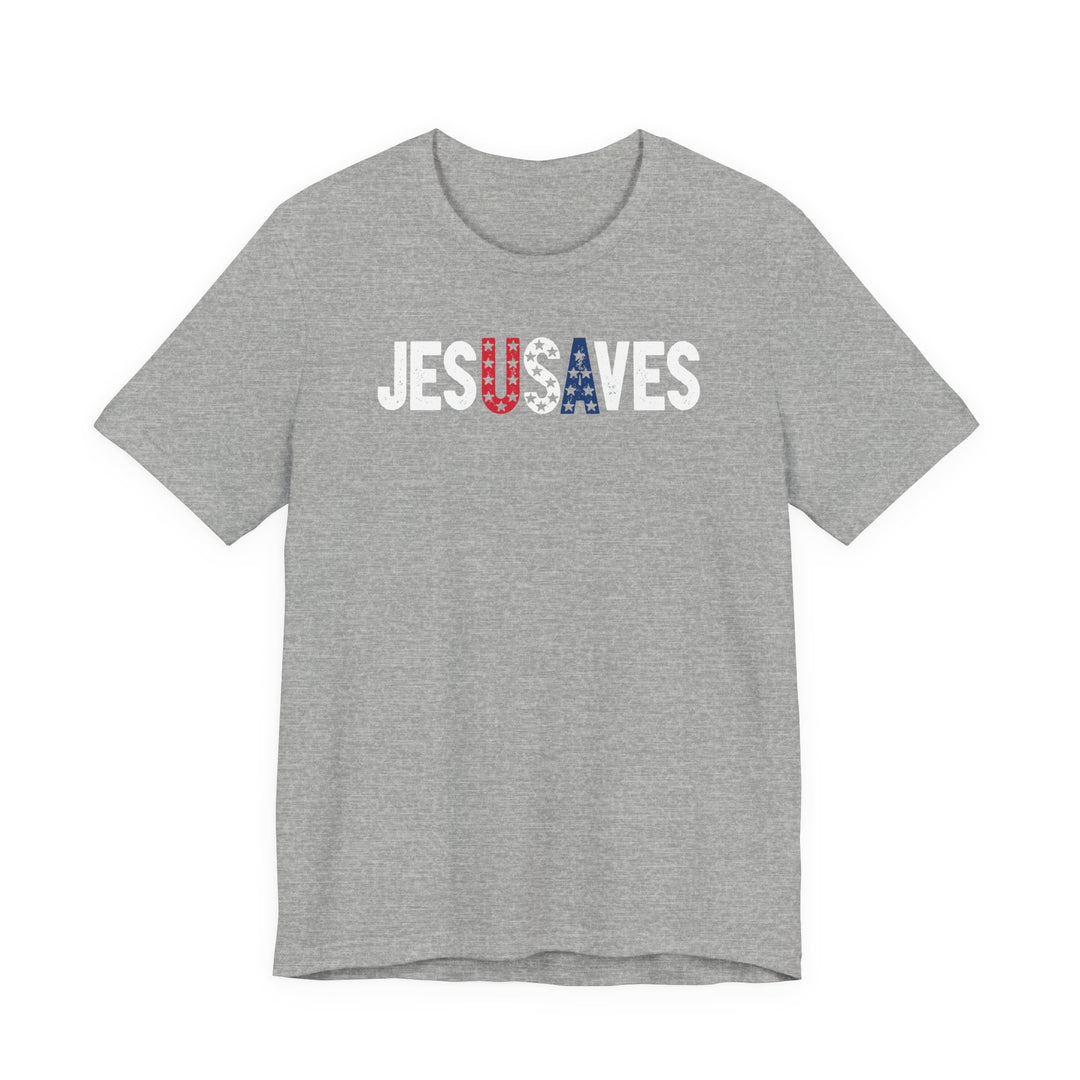 Grey Jes USA ves tee with red, white, and blue star motifs, distressed print. Classic fit, soft cotton, unisex design by Faith Family Designs.