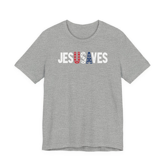 Grey Jes USA ves tee with red, white, and blue star motifs, distressed print. Classic fit, soft cotton, unisex design by Faith Family Designs.