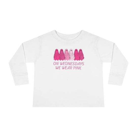 A custom toddler long-sleeve tee featuring On Wednesday's We Wear Pink text design. Made of 100% cotton, with ribbed collar and EasyTear™ label for comfort and durability. From Worlds Worst Tees.