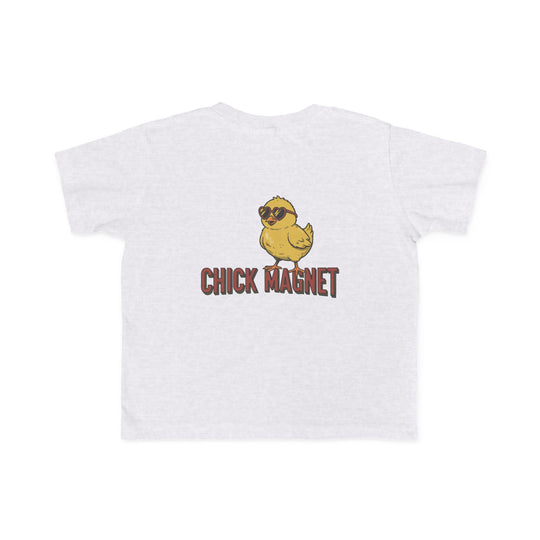 Chick Magnet Toddler Tee featuring a cartoon yellow chick with heart-shaped sunglasses and CHICK MAGNET text, perfect for toddlers' sensitive skin.