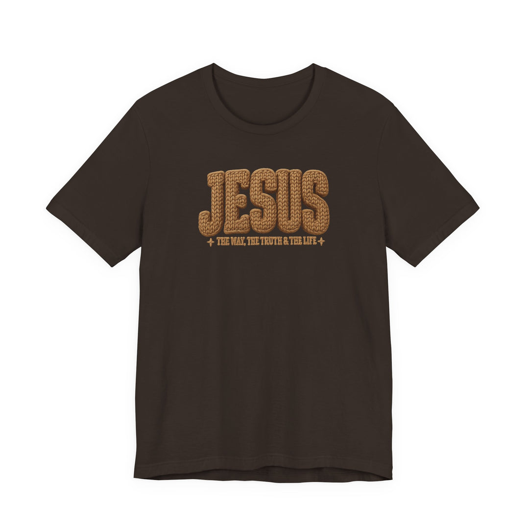 Unisex jersey T-shirt featuring JESUS in rope-styled font with The Way, The Truth & The Life below, offering a soft, comfortable fit.