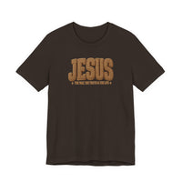 Unisex jersey T-shirt featuring JESUS in rope-styled font with The Way, The Truth & The Life below, offering a soft, comfortable fit.