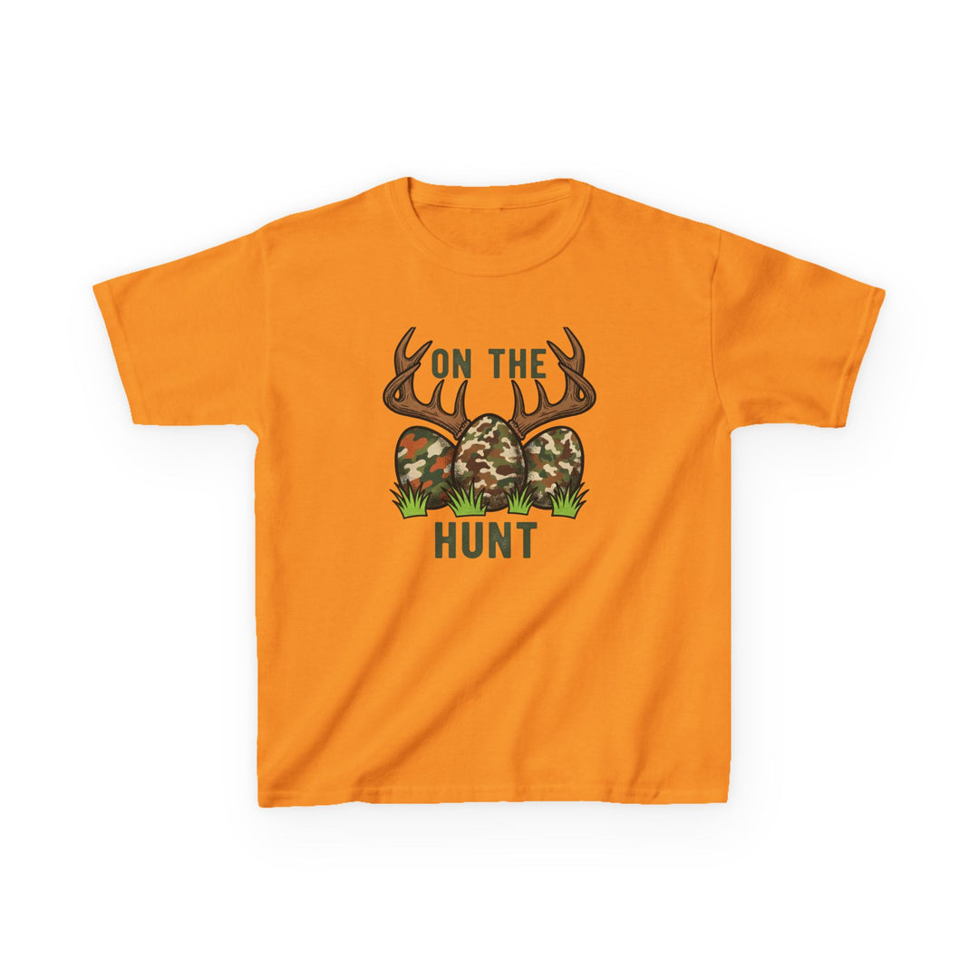 On the Hunt Kids Tee featuring deer antlers and camo ovals design, ideal for everyday wear with durable, soft cotton and ribbed collar.