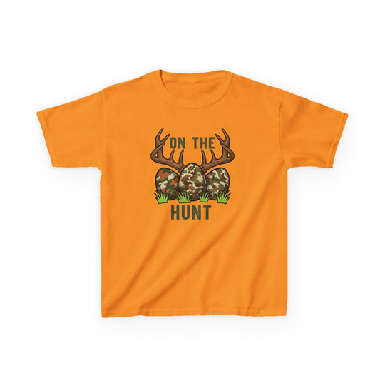 On the Hunt Kids Tee featuring deer antlers and camo ovals design, ideal for everyday wear with durable, soft cotton and ribbed collar.