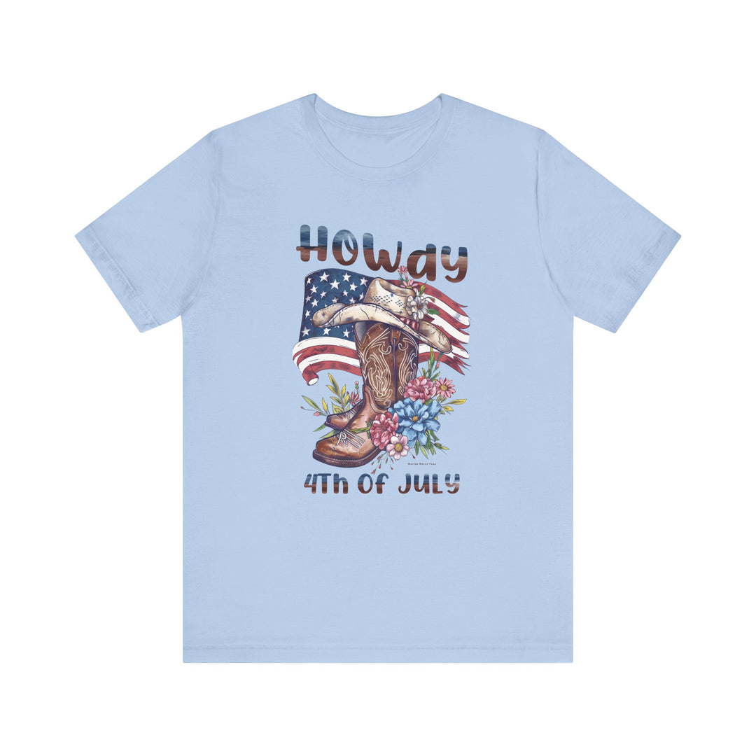 A blue t-shirt featuring a cowboy hat and flowers, embodying a classic Western vibe. Made of soft, 100% Airlume combed cotton for a comfortable fit. Ideal for lovers of unique graphic tees.
