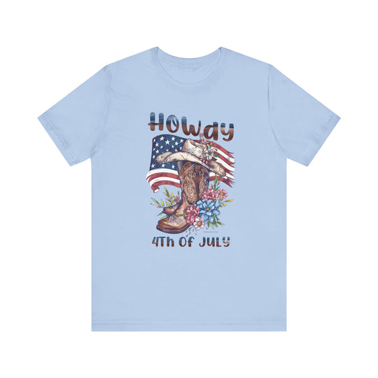 A blue t-shirt featuring a cowboy hat and flowers, embodying a classic Western vibe. Made of soft, 100% Airlume combed cotton for a comfortable fit. Ideal for lovers of unique graphic tees.