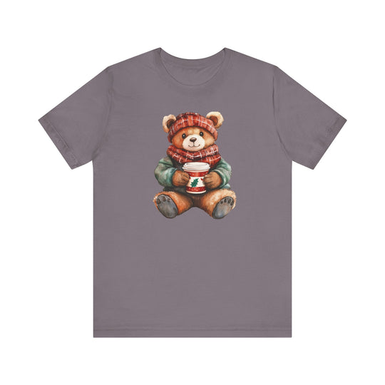 Old Money Christmas Bear Tee: A muted gray t-shirt featuring a teddy bear in winter gear, holding a festive coffee cup. Soft cotton, unisex fit, sizes XS-3XL.