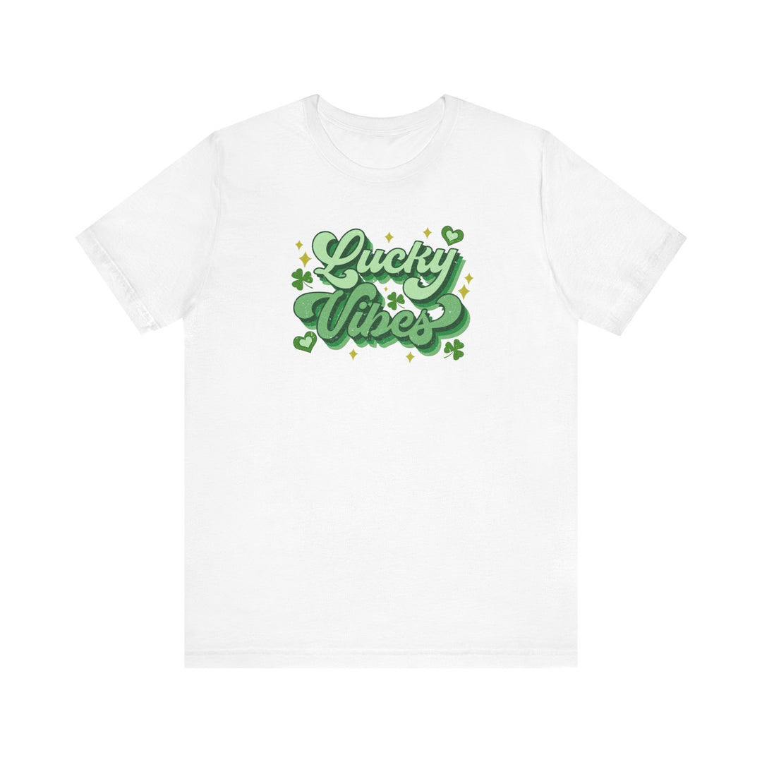 Good Day Lucky Day Tee: A white t-shirt with green text featuring shamrocks and stars, crafted from soft cotton with ribbed knit collars and durable side seams.