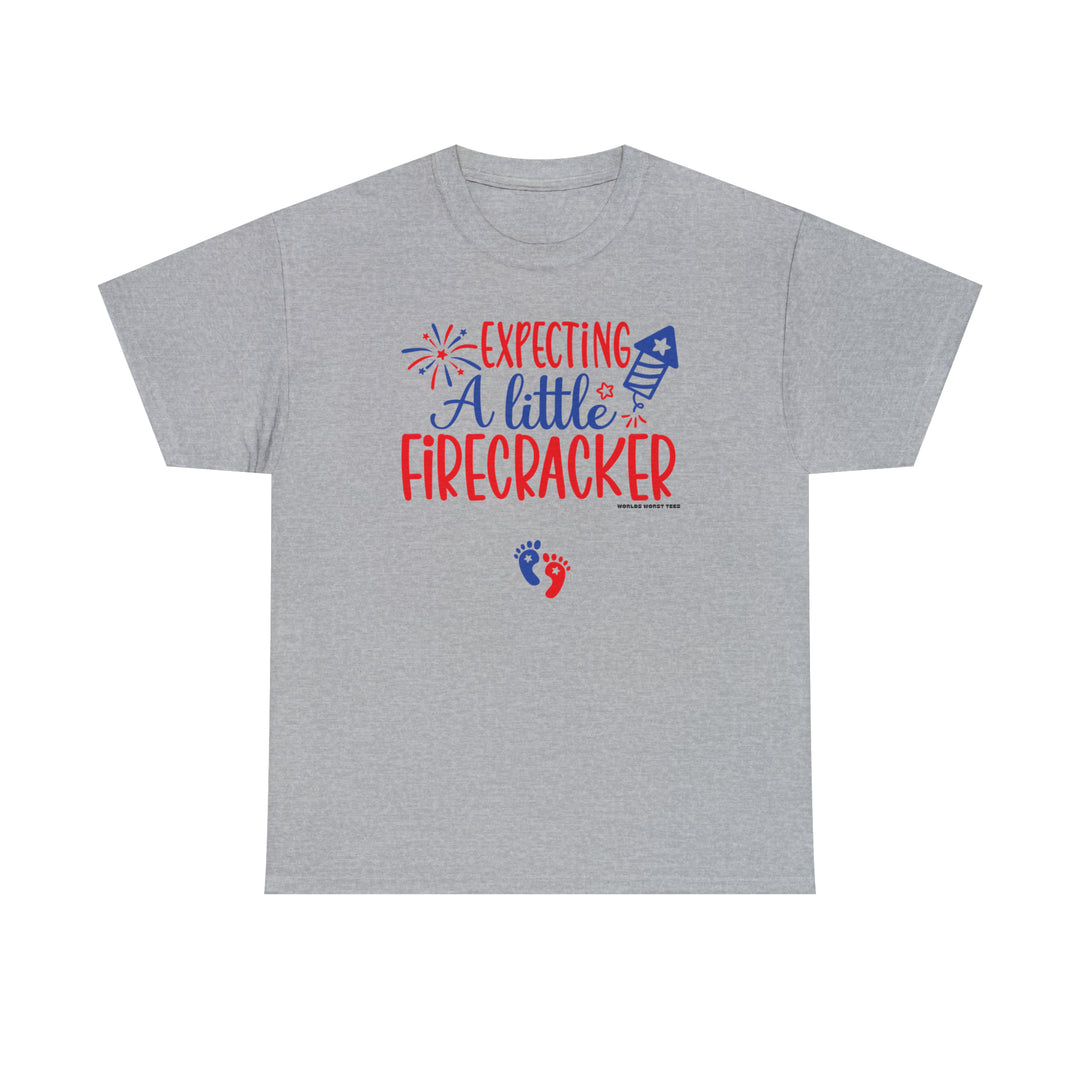Unisex heavy cotton tee featuring Expecting a Little Firecracker text. No side seams for comfort, durable taped shoulders, and ribbed knit collar. Medium weight fabric, classic fit, 100% cotton.