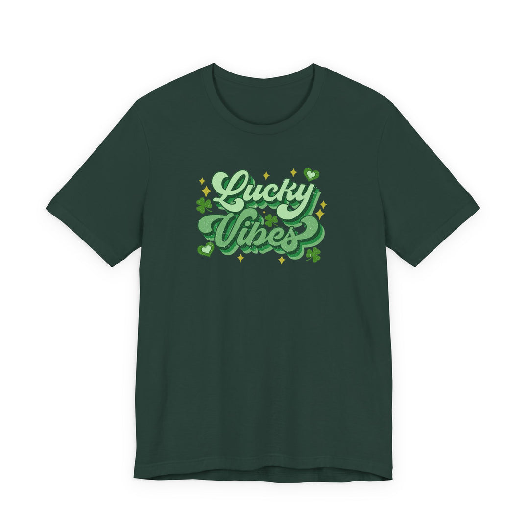 Dark-green Good Day Lucky Day Tee featuring Lucky Vibes in stylized green lettering with clover motifs and sparkles, highlighting a classic, soft cotton design.