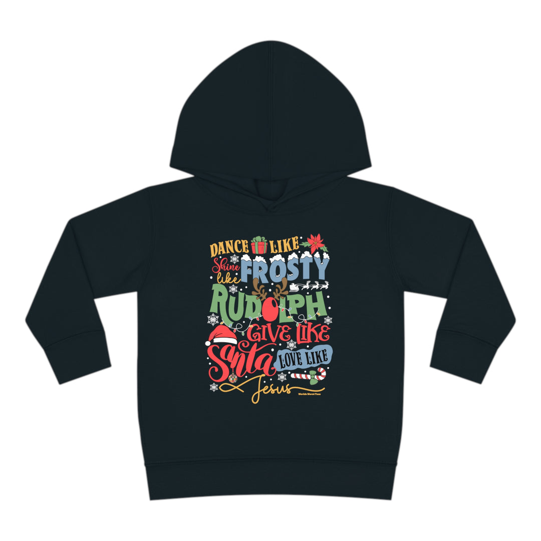 Toddler hoodie with jersey-lined hood, cover-stitched details, and side-seam pockets for cozy comfort. Made of 60% cotton, 40% polyester blend. Ideal for Frosty Ruldoph Santa Jesus fans.