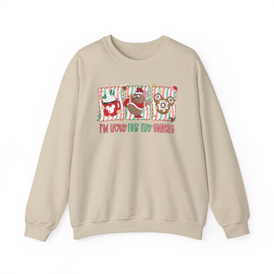 Here for the Snacks Crew sweatshirt featuring festive candy-striped panels with Mickey-themed holiday designs and a playful slogan, offering comfort and style for colder months.