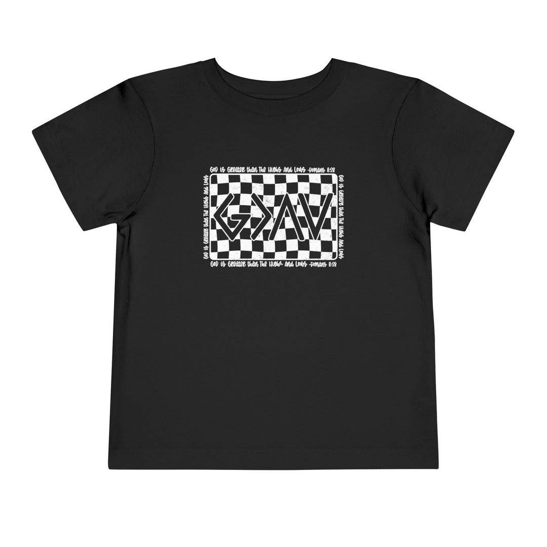 Gods Highs and Lows Toddler Tee featuring a black shirt with white text and a black and white checkered design, ideal for trendy kids' wardrobes.