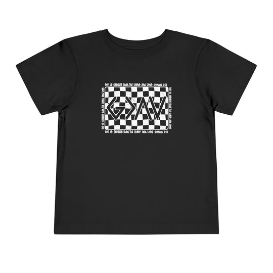 Gods Highs and Lows Toddler Tee featuring a black shirt with white text and a black and white checkered design, ideal for trendy kids' wardrobes.