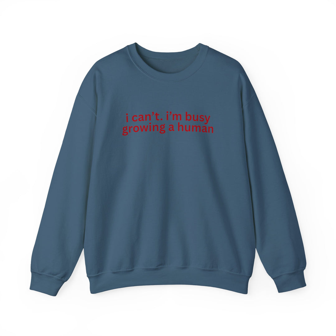 Teal crewneck sweatshirt with red text: i can’t. i’m busy growing a human. Cozy, unisex fit; ideal for comfort and style.