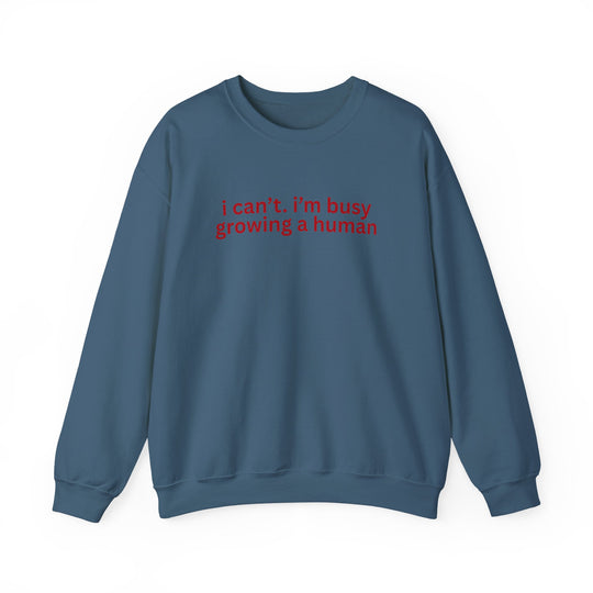 Teal crewneck sweatshirt with red text: i can’t. i’m busy growing a human. Cozy, unisex fit; ideal for comfort and style.