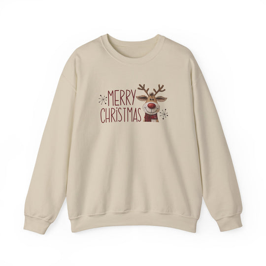 Merry Christmas Reindeer Crew sweatshirt with red text and cartoon reindeer, featuring a cozy, durable blend, ideal for festive winter comfort.