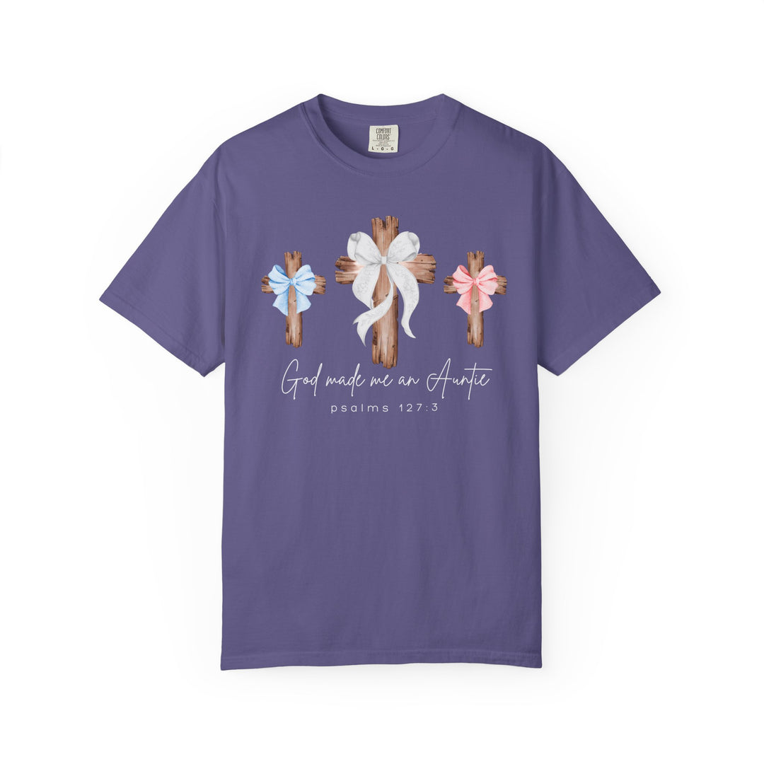 Purple Comfort Colors tee with three rustic wooden crosses and God made me an Auntie text, offering a cozy, durable fit for casual wear.