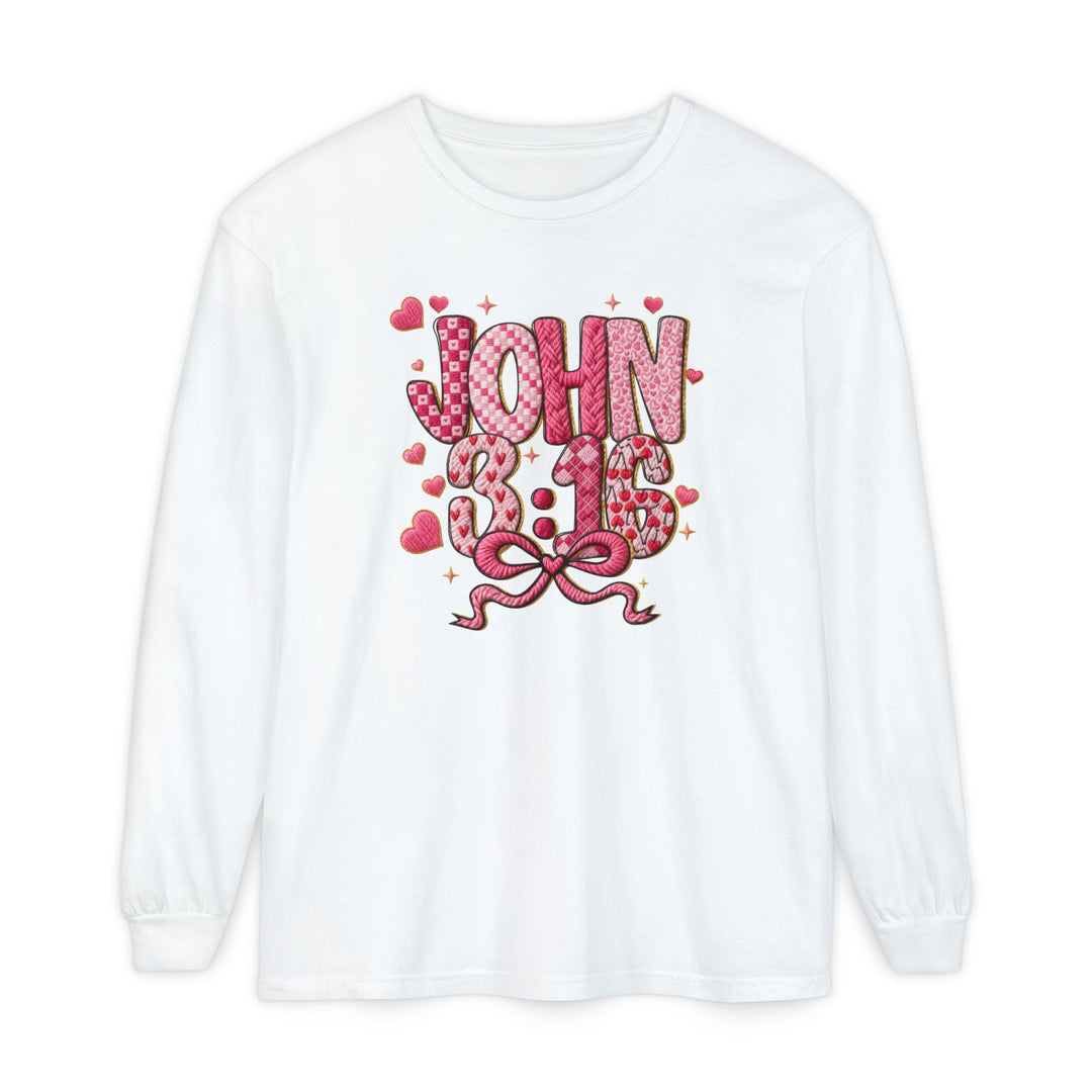 3:16 Long Sleeve Tee with pink-and-red patterned JOHN 3:16 print, adorned with hearts and a bow, made from soft, 100% ring-spun cotton.