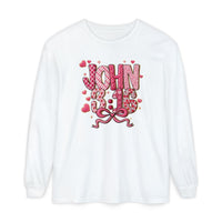 3:16 Long Sleeve Tee with pink-and-red patterned JOHN 3:16 print, adorned with hearts and a bow, made from soft, 100% ring-spun cotton.