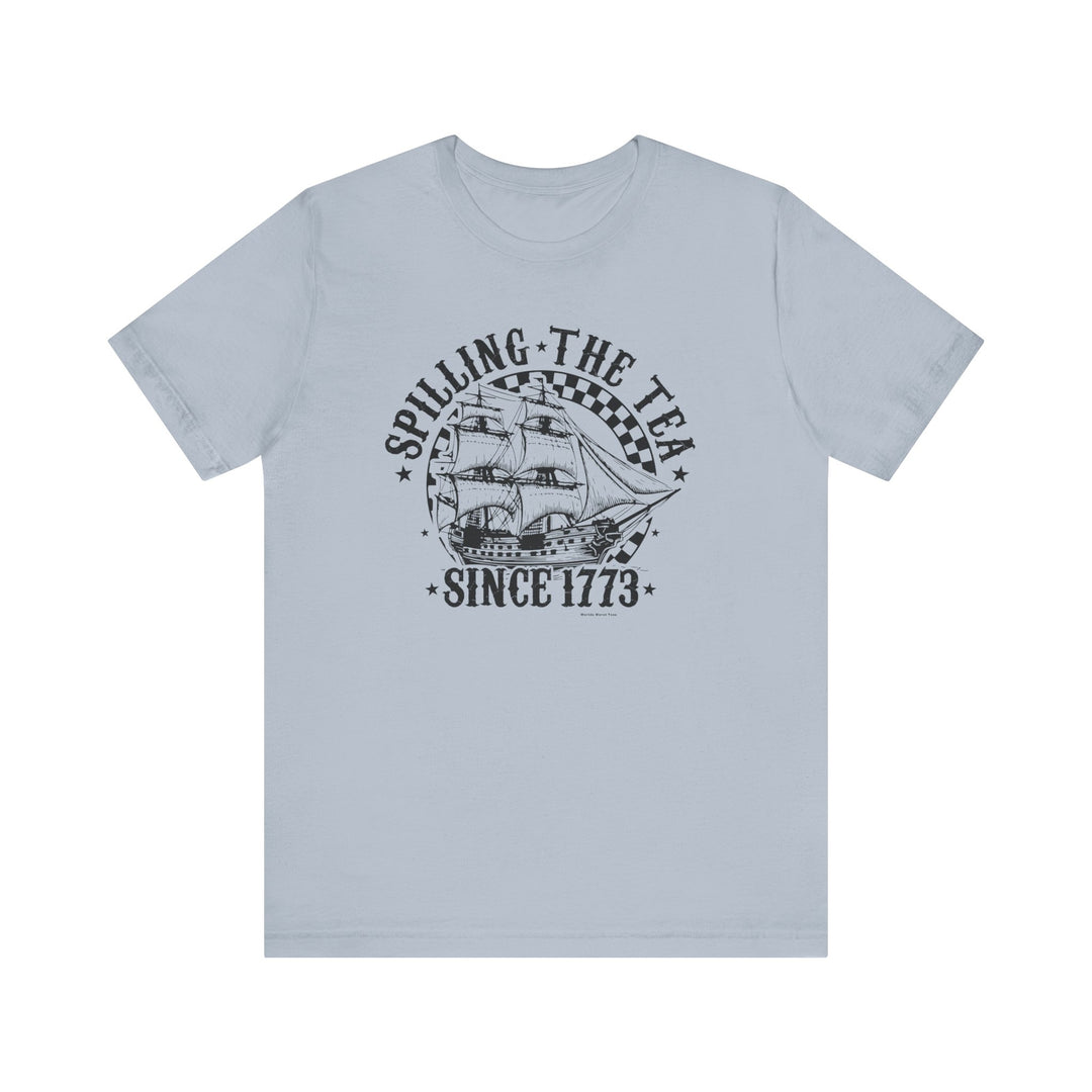 A classic unisex jersey tee featuring a ship graphic and text. Made of soft 100% cotton, with ribbed knit collars and shoulder taping for durability. Retail fit, tear away label, and true to size.