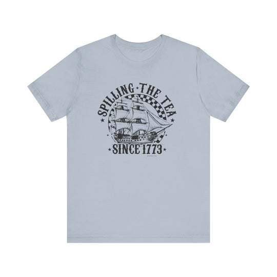 A classic unisex jersey tee featuring a ship graphic and text. Made of soft 100% cotton, with ribbed knit collars and shoulder taping for durability. Retail fit, tear away label, and true to size.