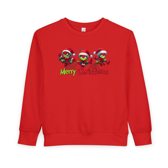 Spider Toddler Crew: Red sweatshirt featuring festive grinch-style figures in Spider-Man outfits with Merry Christmas text, providing comfort and warmth for toddlers.