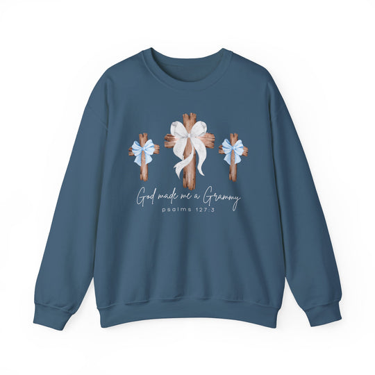 God Made Me a Grammy crewneck sweatshirt with wooden crosses and bows, featuring a handwritten script and Psalm 127:3, offering comfort and style.