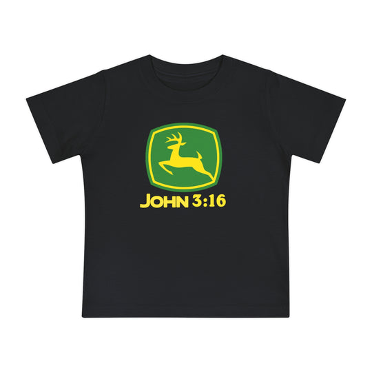 Black John 3:16 Tee for infants, featuring a green-and-yellow deer shield design, combining comfort with playful style, ideal for baby's first steps.