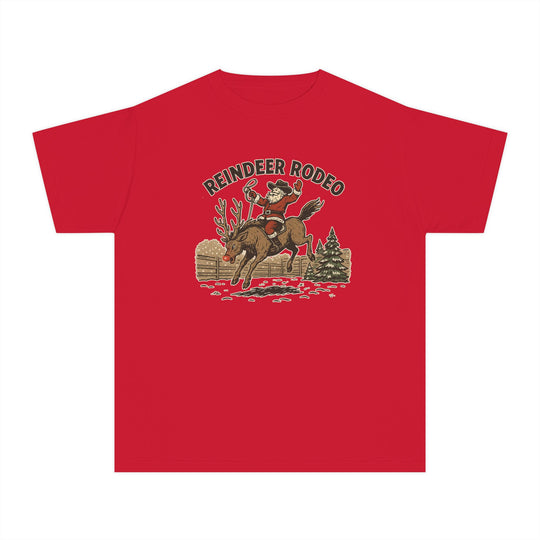Reindeer Rodeo Kids Tee with vintage Christmas graphic of Santa riding a reindeer; perfect for active kids' comfort with soft, 100% combed cotton.