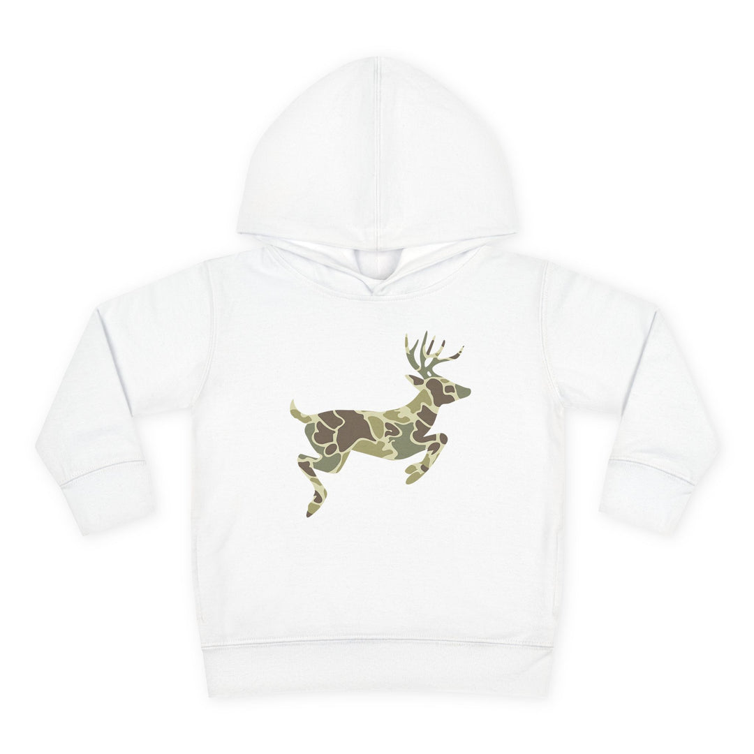 Camo Deer Toddler Hoodie with a running deer silhouette in camouflage print on a white background, featuring a durable hood and cozy side-seam pockets.