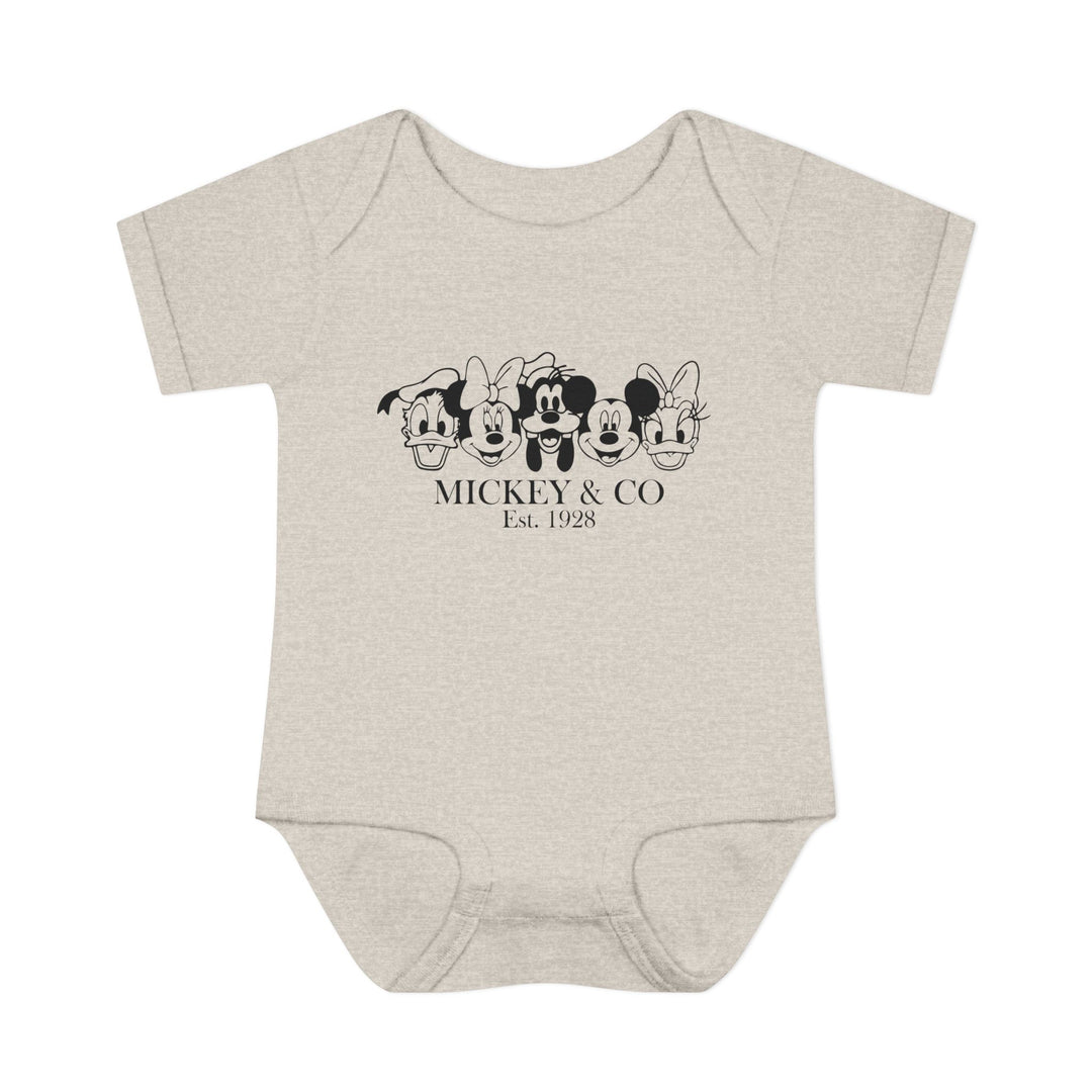 Mickey and CO Onesie featuring lap shoulders for easy dressing, crafted from soft 100% ring-spun cotton, designed for infant comfort and fit.