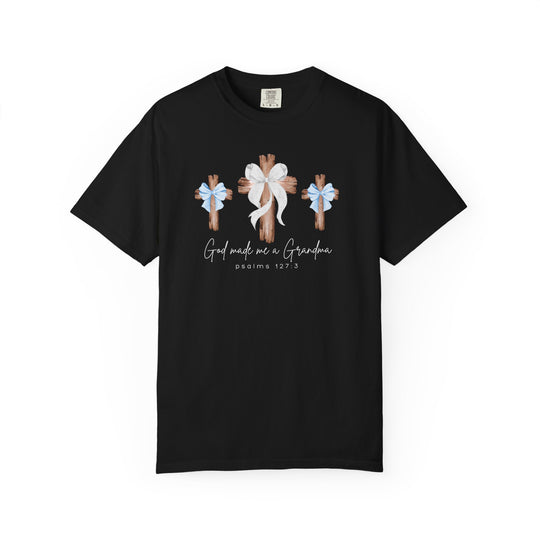 Black T-shirt featuring three wooden crosses with bows and the script God Made Me a Grandma and Psalms 127:3, designed for comfort and durability.