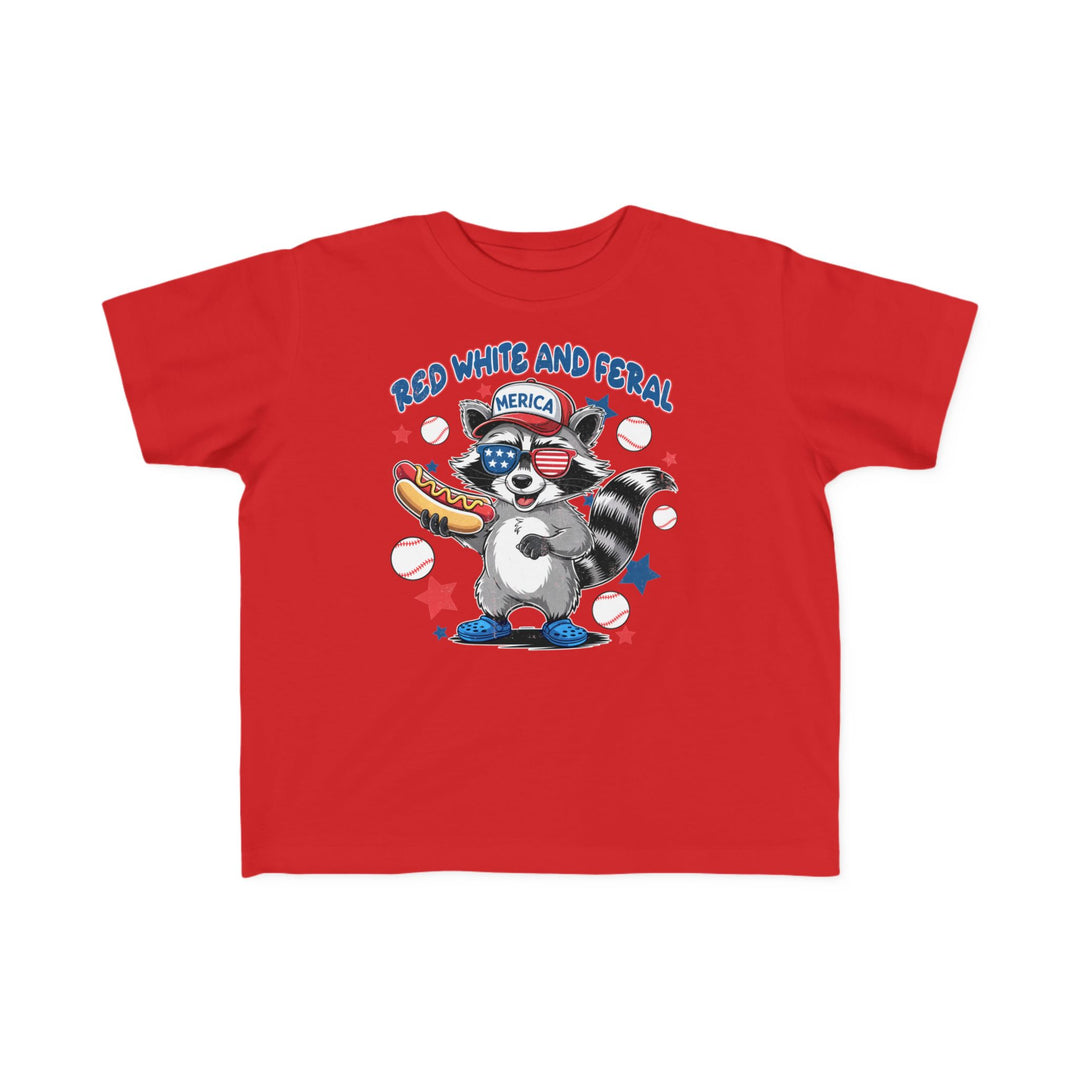 Red, White and Feral Baseball 4th Toddler Tee, featuring soft cotton fabric and classic fit, ideal for toddlers’ sensitive skin and early adventures.