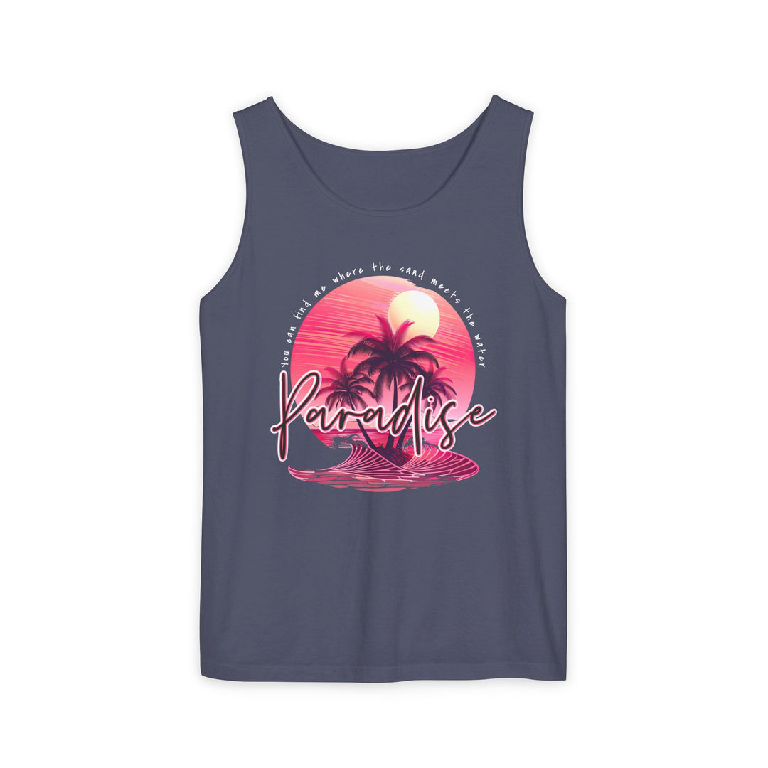 Paradise Tank Top: Unisex, relaxed-fit garment-dyed tank in 100% ring-spun US cotton, featuring eco-friendly production and sewn-in twill label.